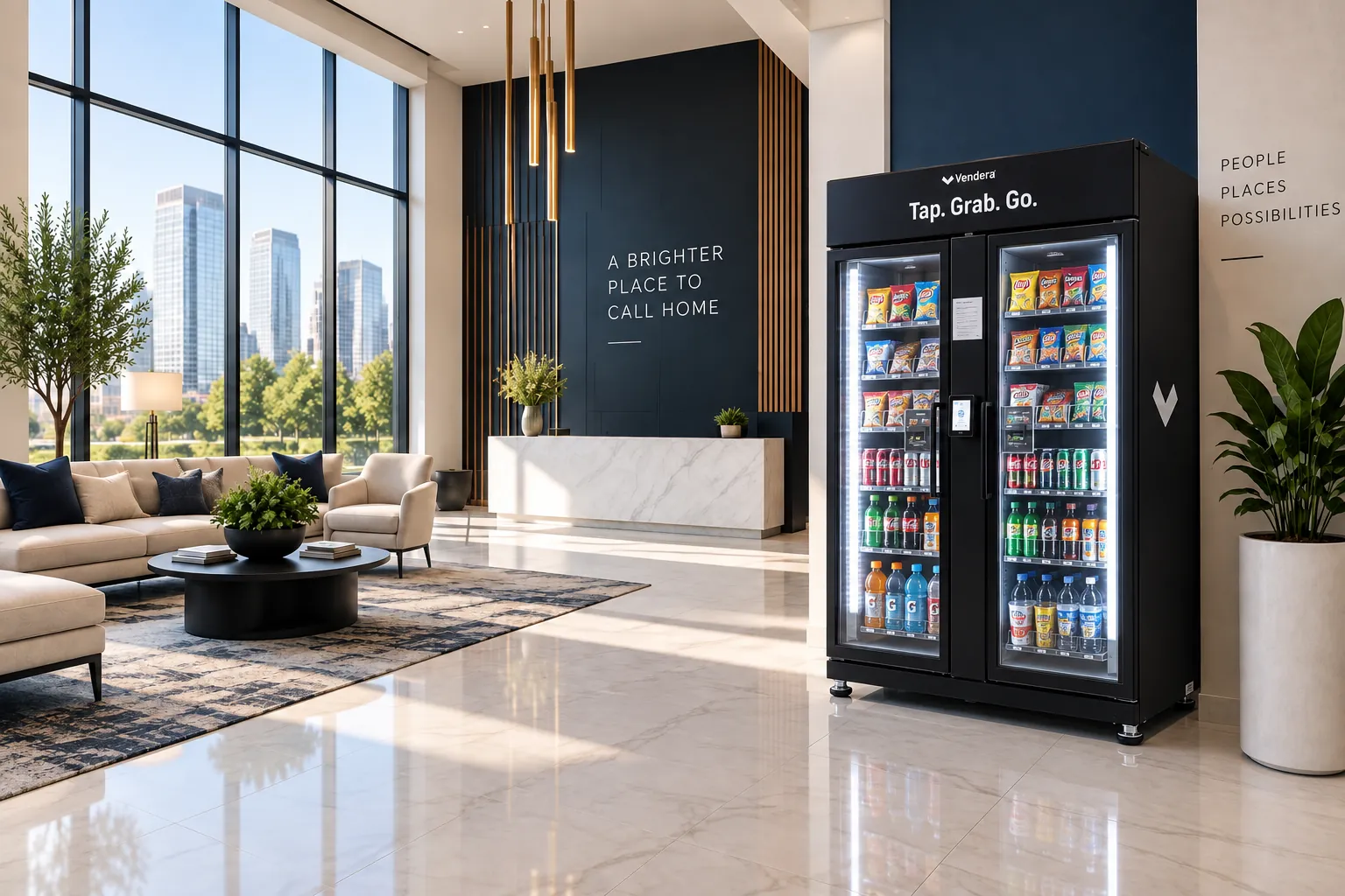 Smart vending machine in a North DFW apartment lobby Cashless smart vending machine with snacks and drinks in a modern apartment lobby in North DFW
