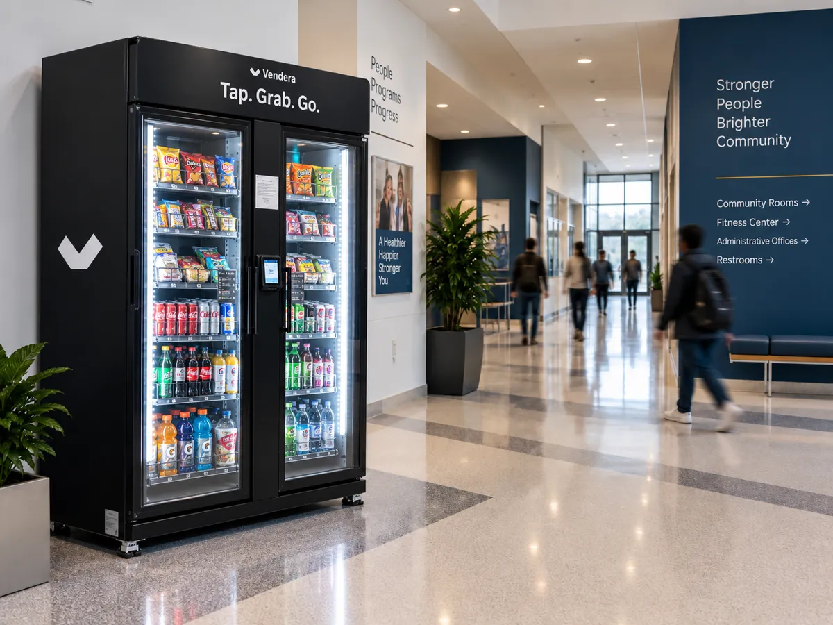 Smart vending machine installed in a North DFW community center Cashless smart vending machine with snacks and drinks installed in a North DFW community center hallway